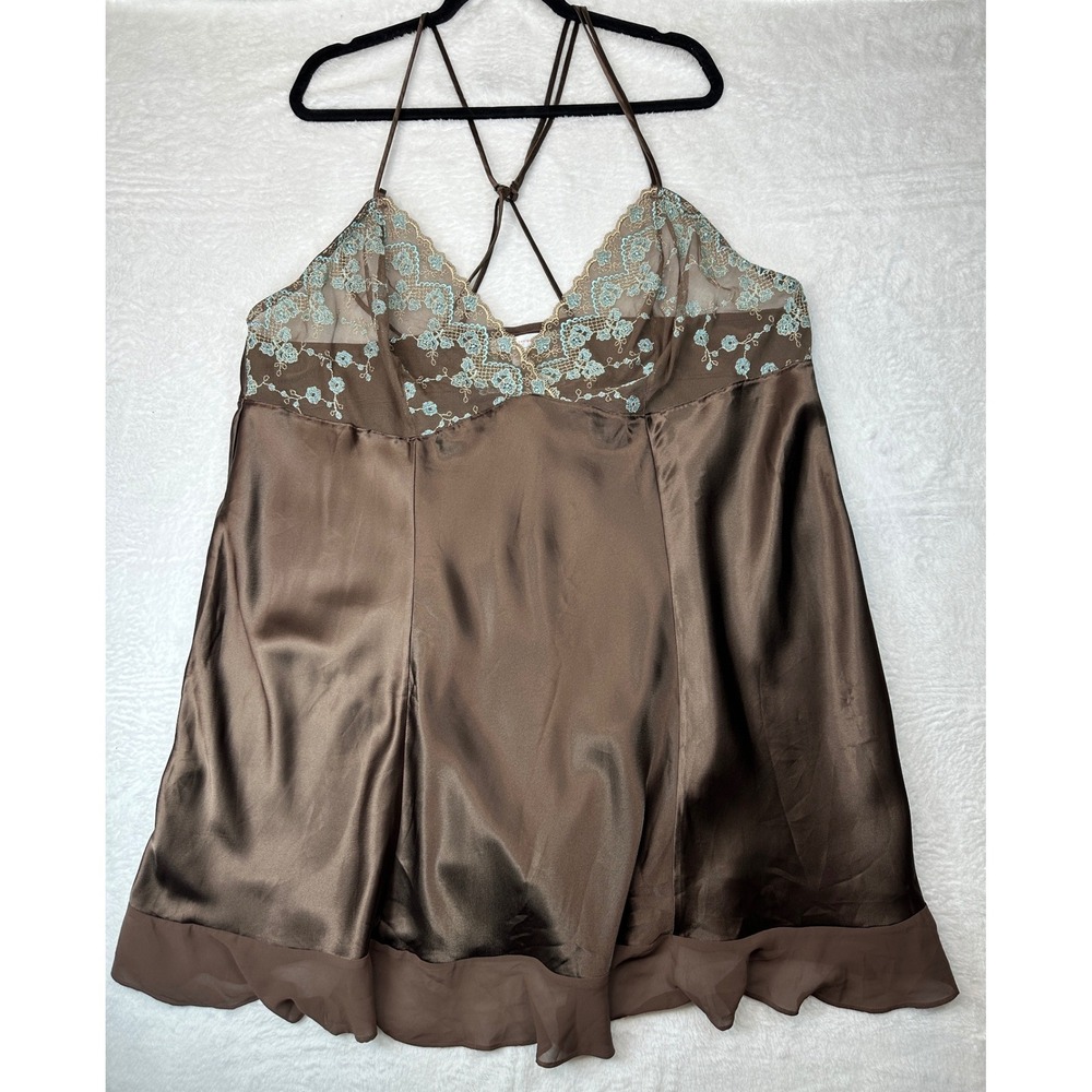 Cacique Babydoll Women Chemise 26/28 Brown Lace Floral Embroidered Satin